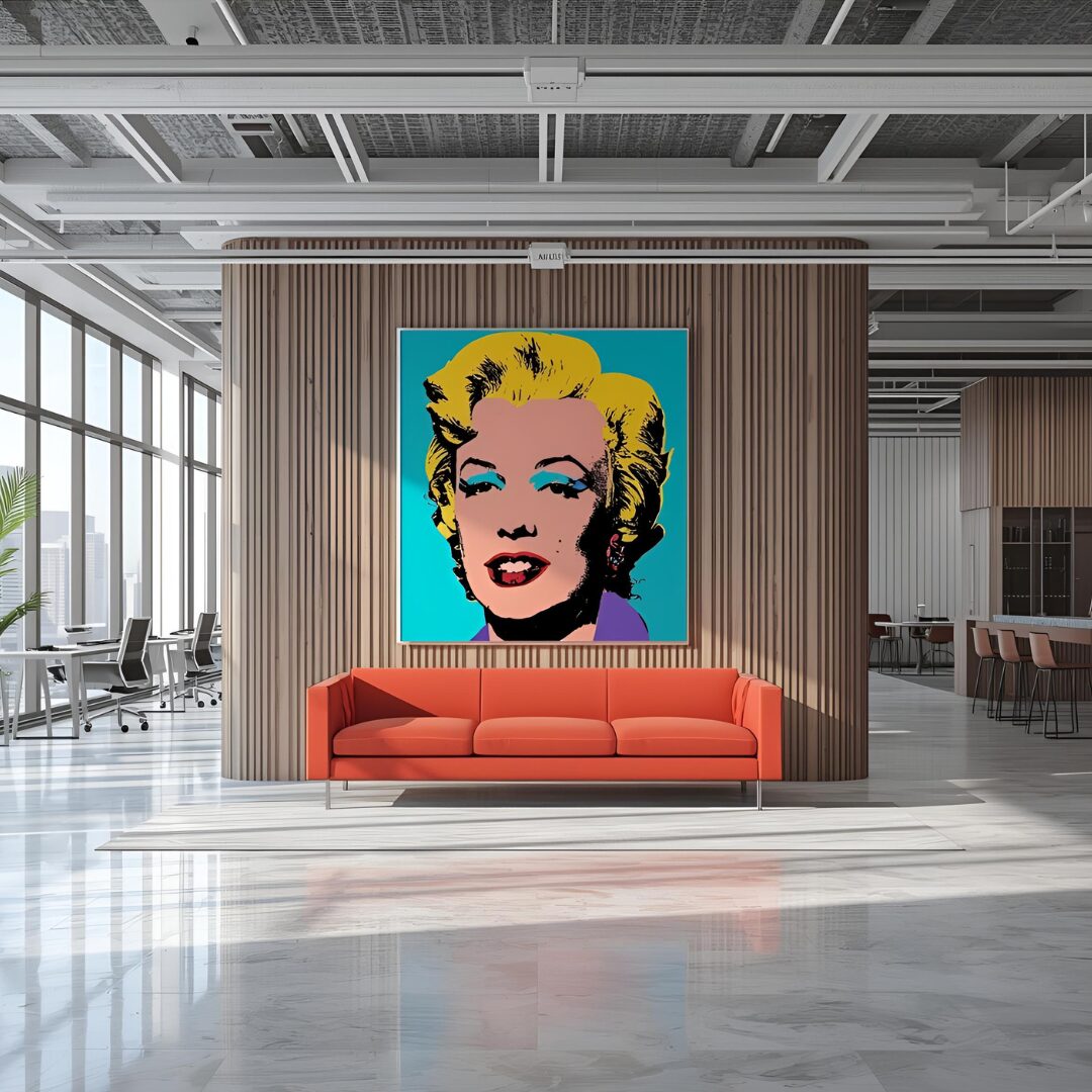 Picture of an empty office with a Warhol on the wall showing Marilyn Monroe.